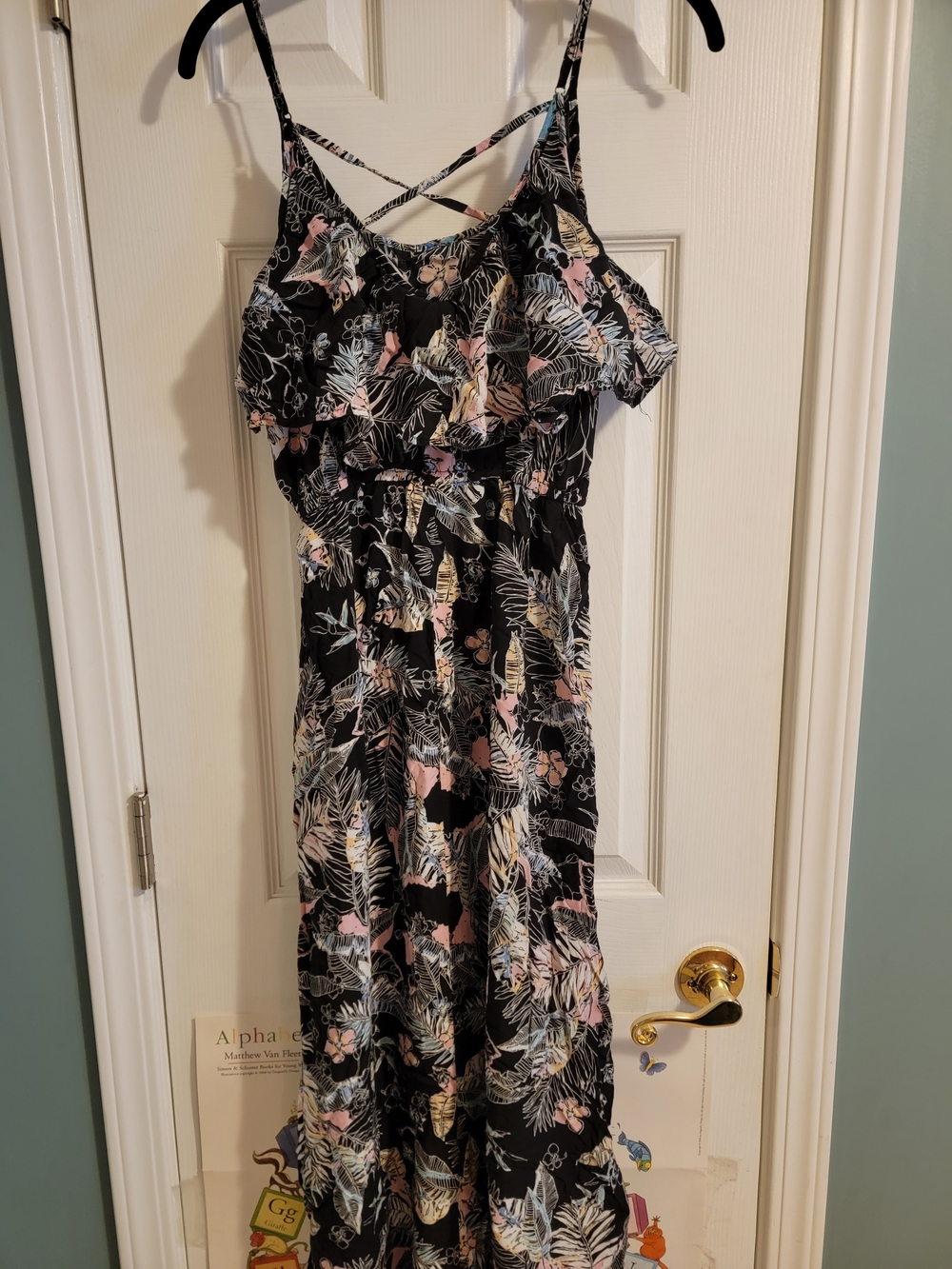 Black Floral Maxi Dress with Ruffle Bodice and Crisscross Straps